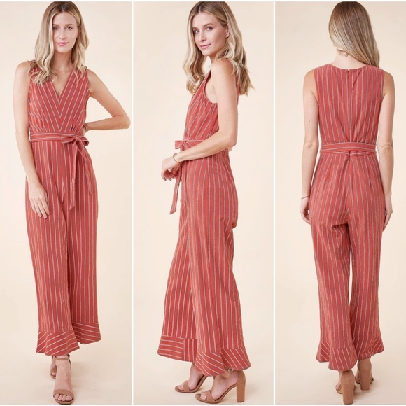 SUGAR + LIPS  Boho Chic Light Rust Striped Jumpsuit - Picture 6 of 9